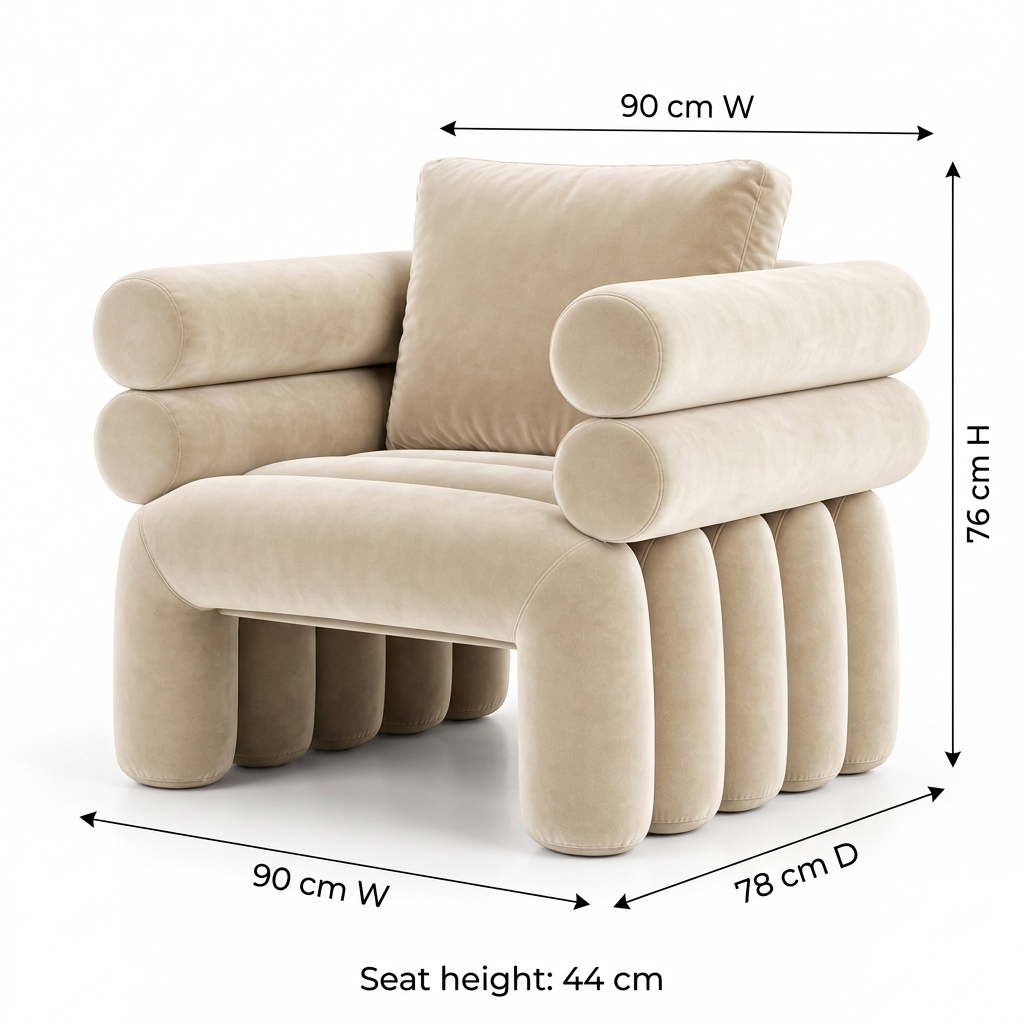Valentino lounge chair dimensions 90 cm W × 78 cm D × 76 cm H; seat height 44 cm