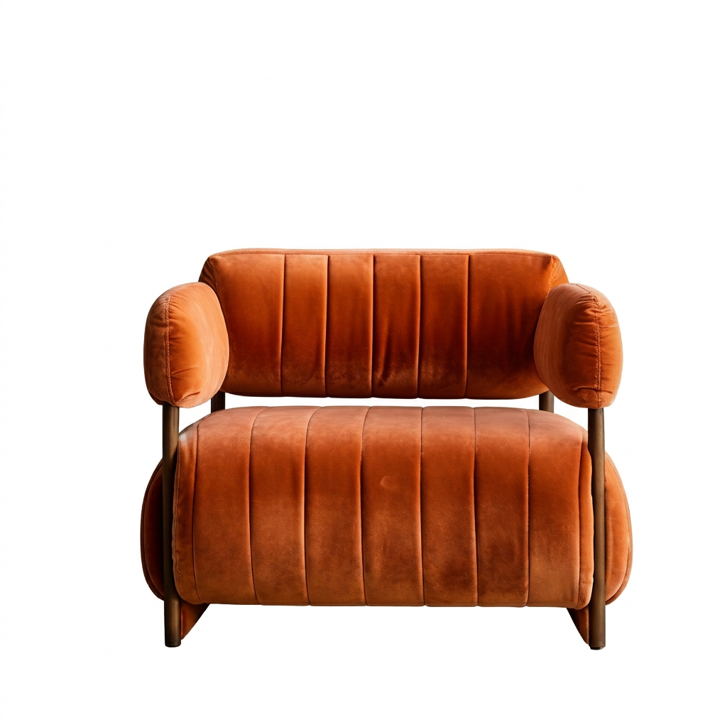 Rovelle orange velvet armchair front view on white