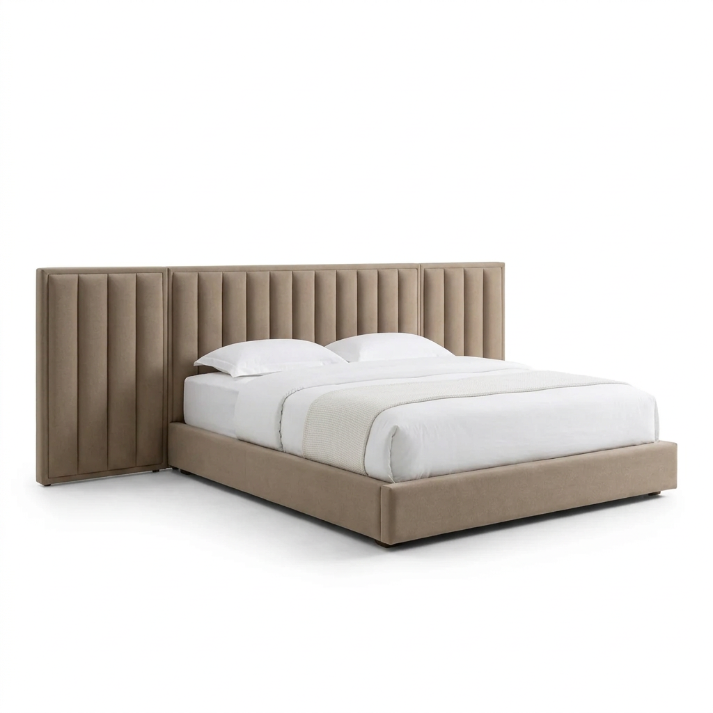 Tower channel-tufted upholstered bed in beige, side-angle view