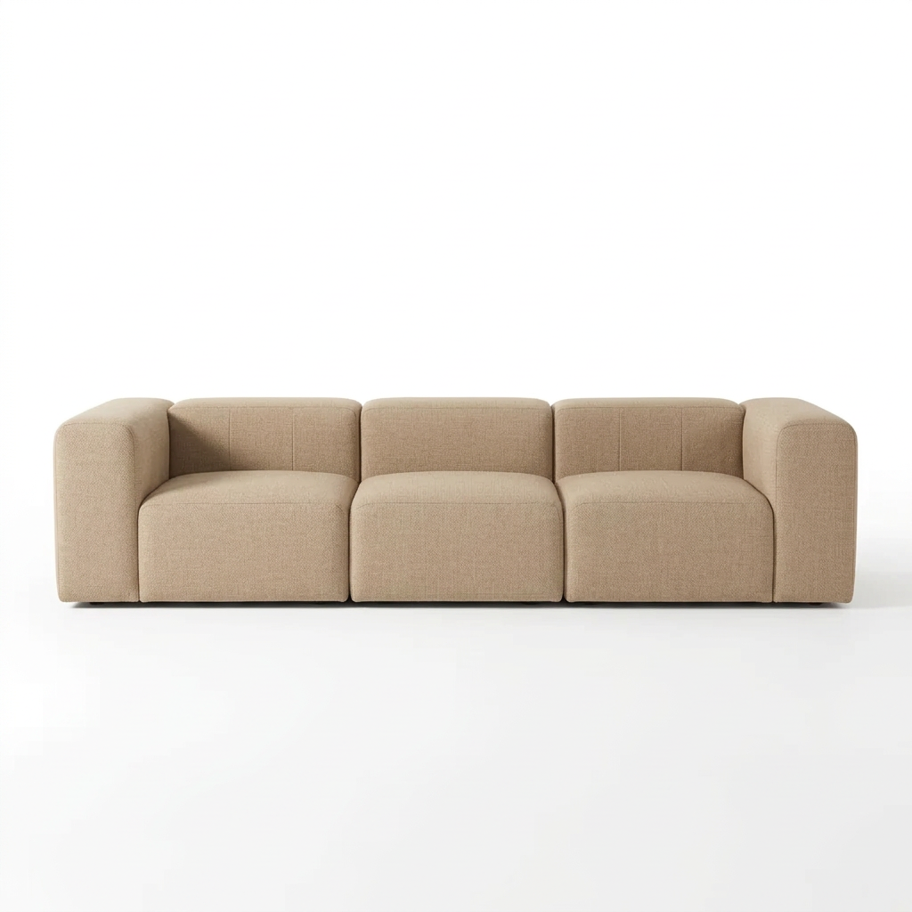 Marlowe beige fabric modular sofa with rounded arms, front studio view