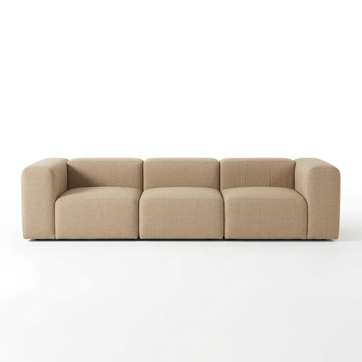 Marlowe beige fabric modular sofa with rounded arms, front studio view