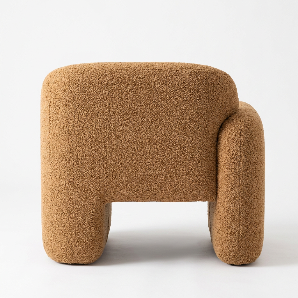 AI-reconstructed rear view of Tovelle caramel bouclé single-arm chair on white