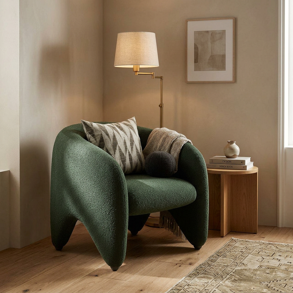Verdelle dark green bouclé armchair styled in a contemporary reading corner