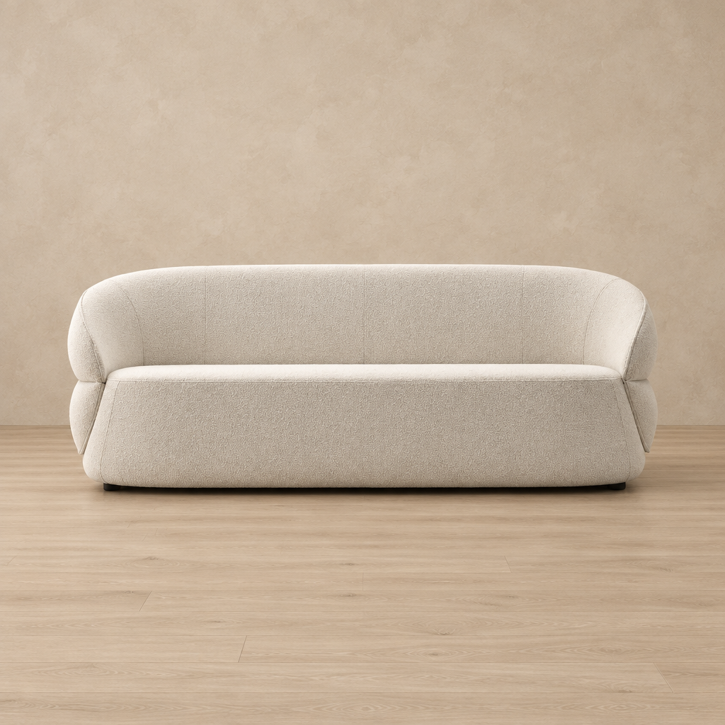 Sorel white sculptural fabric sofa front view