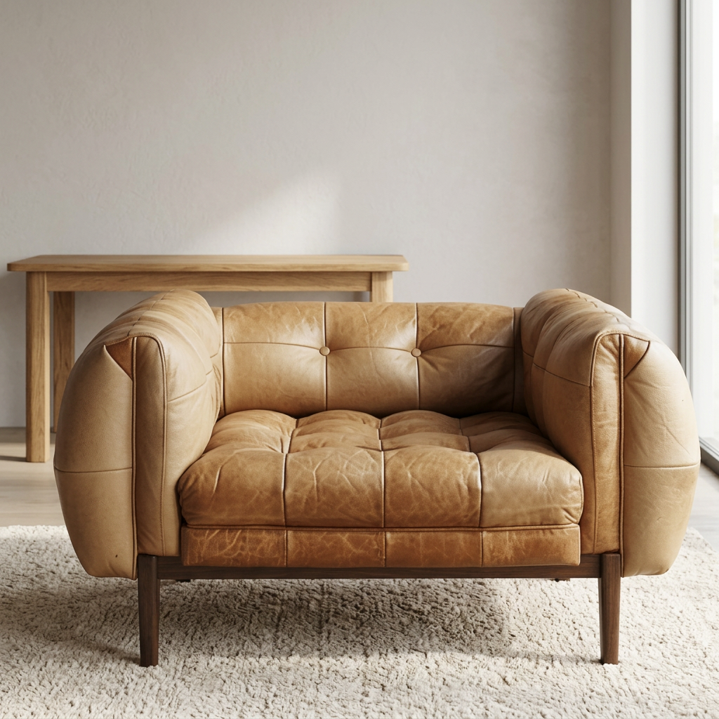 Front view of Renwick tan tufted armchair in a bright neutral living room