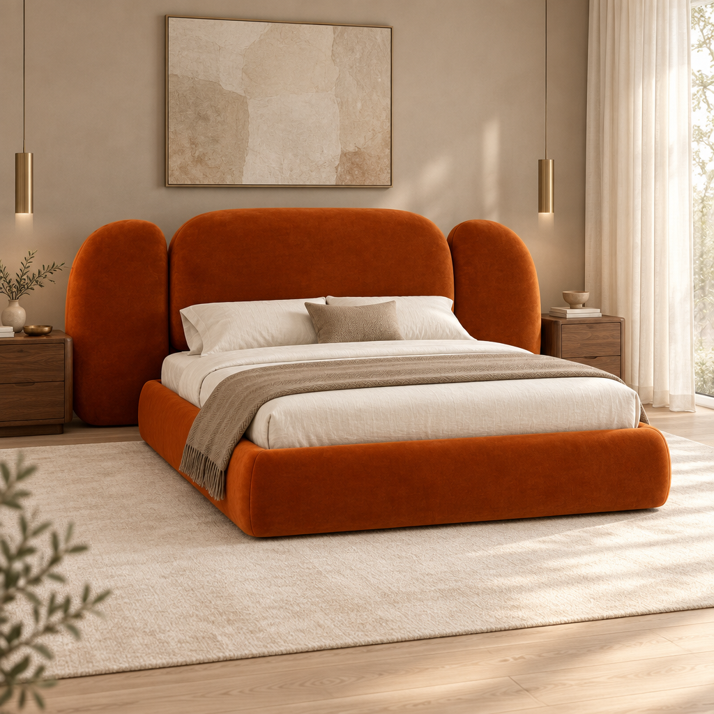 Orin burnt-orange sculptural upholstered bed in a luxury bedroom; mattress and bedroom accessories shown for styling