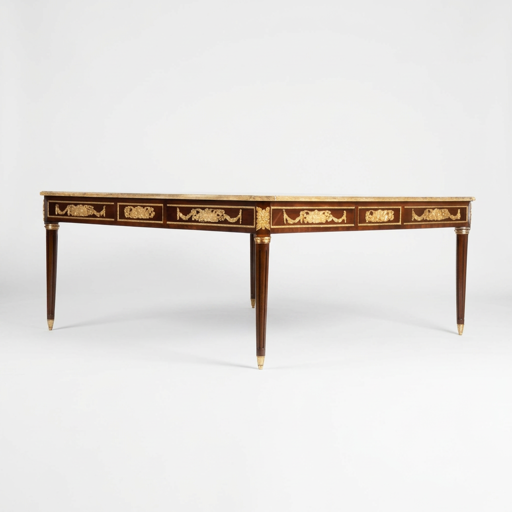 Wood and brass coffee table, low corner view