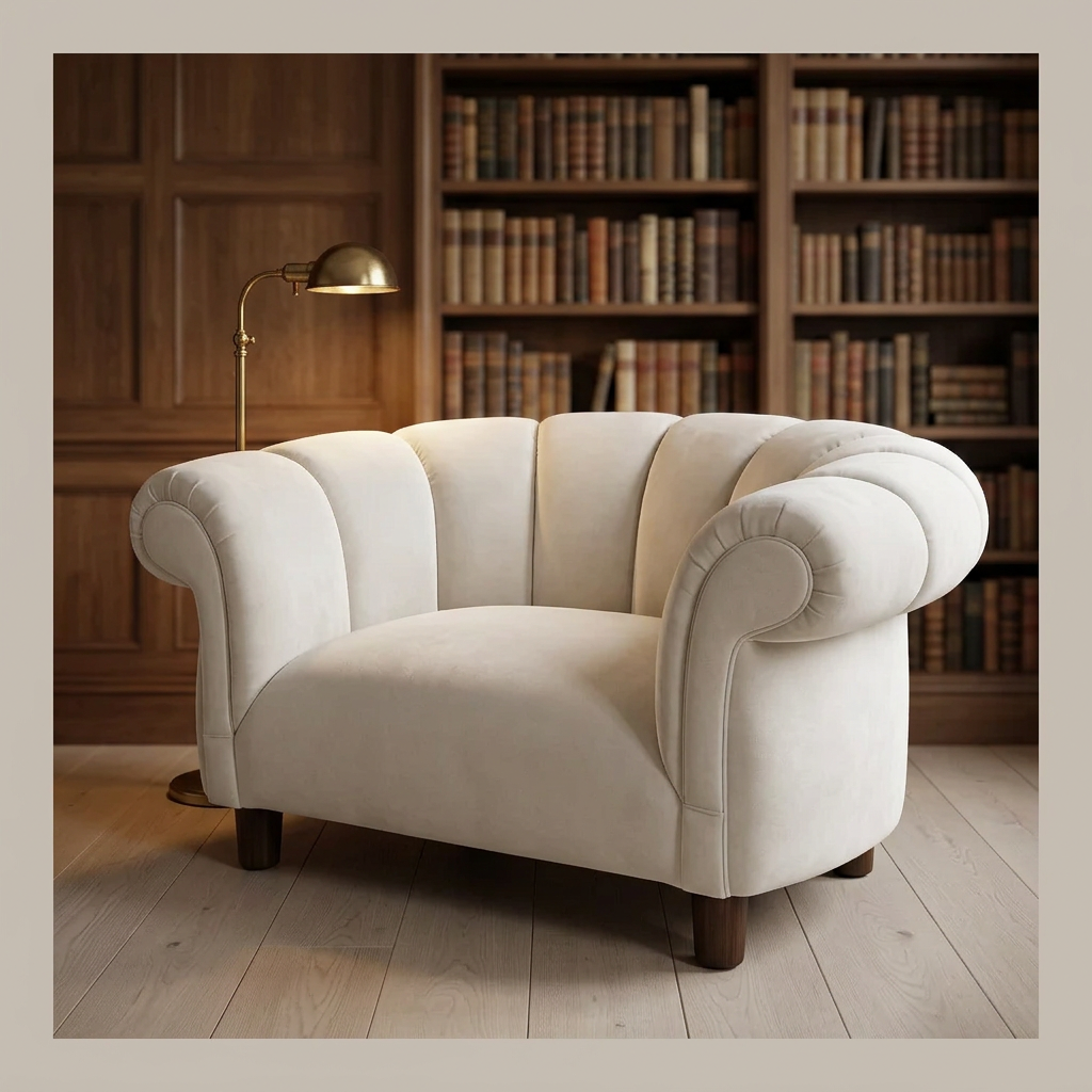 Cresswell ivory armchair in a reading room