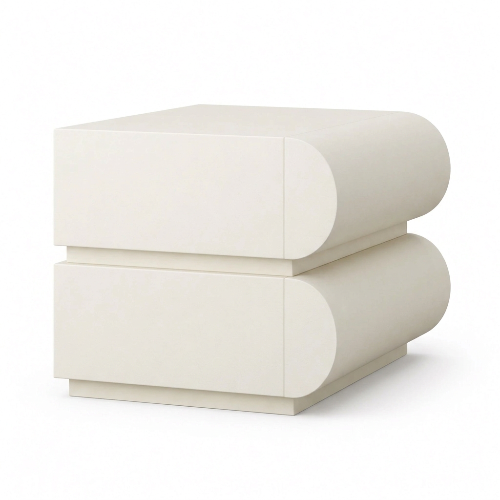 Sahra cream curved bedside table, right side on white background