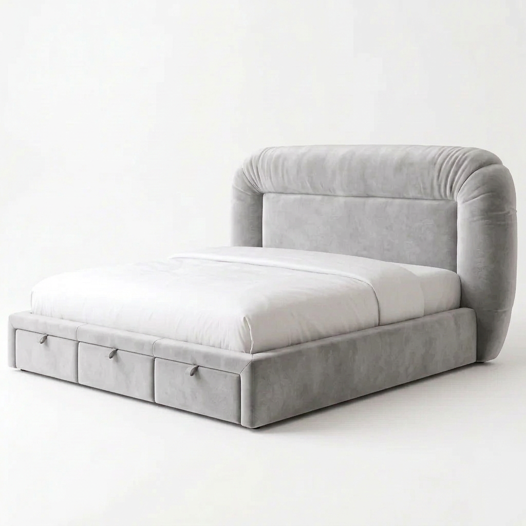 Varenna bed in light grey premium velvet with rounded padded headboard and three front drawers