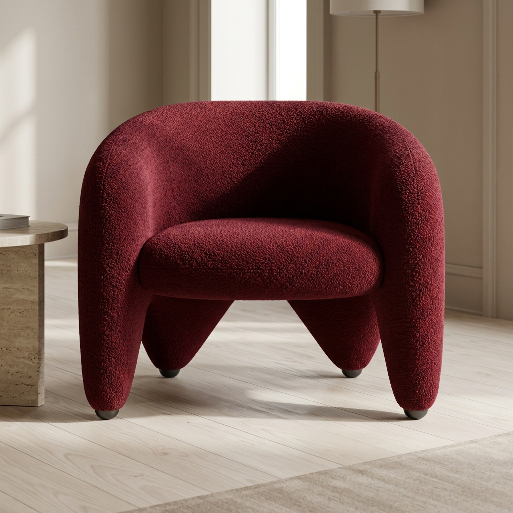 Faye burgundy bouclé tub armchair front view in a contemporary living room