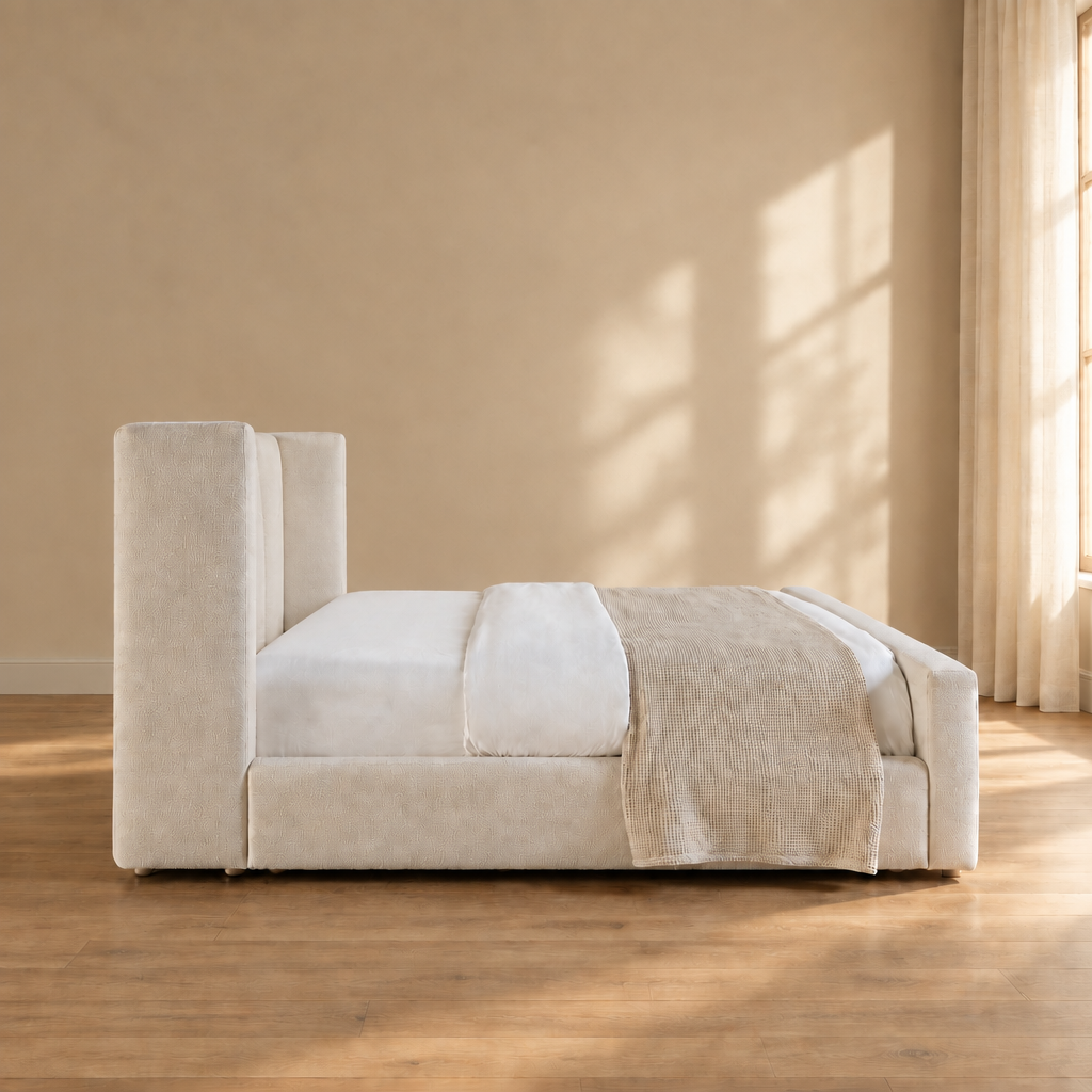 Linden bed side view with white bedding, no brown cushions or vases
