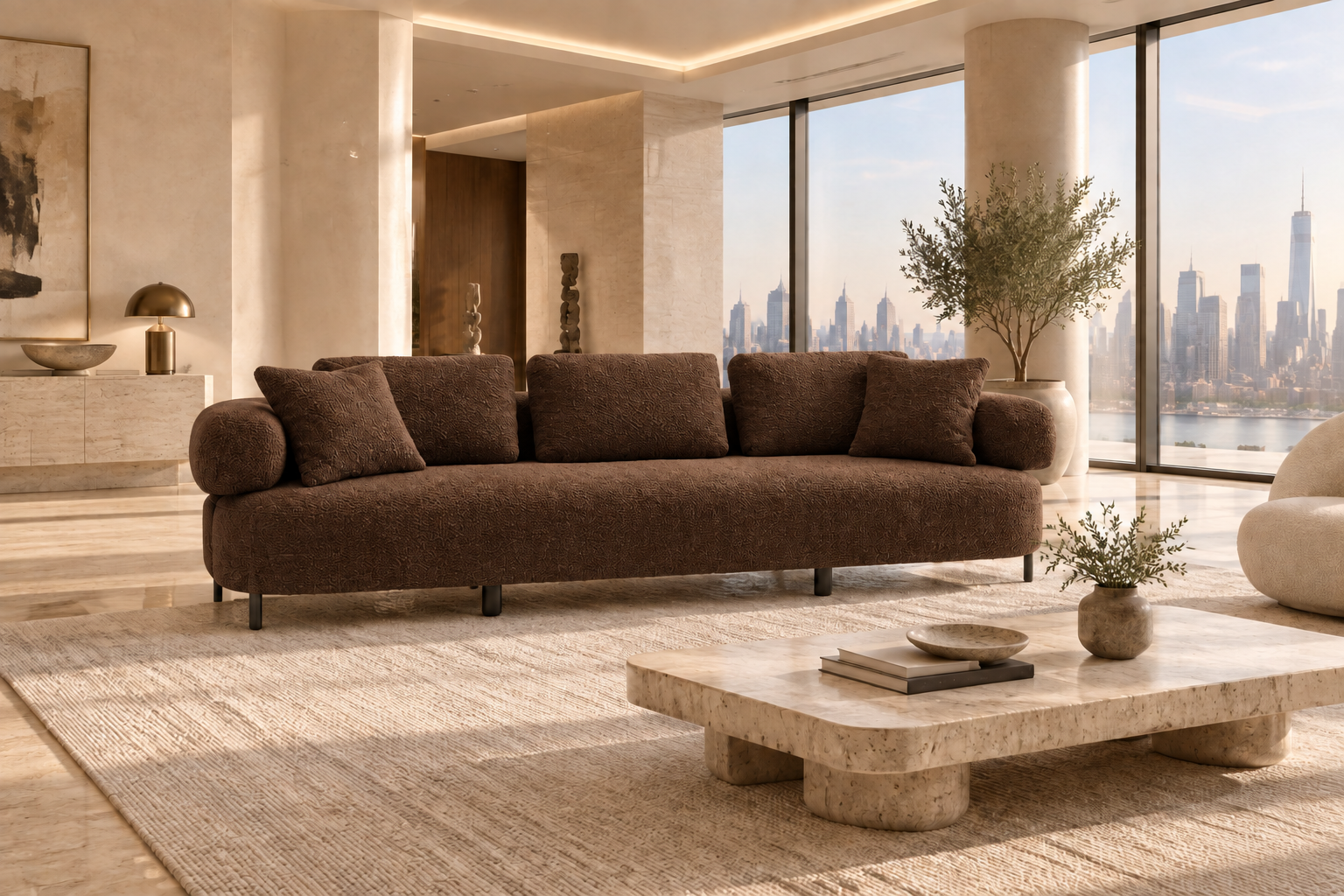 Elara sofa in chocolate brown bouclé in a luxury modern living room