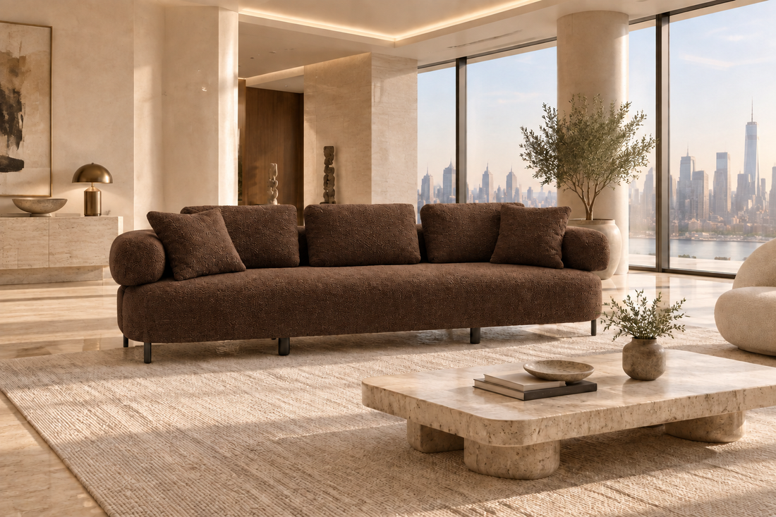 Elara sofa in chocolate brown bouclé in a luxury modern living room