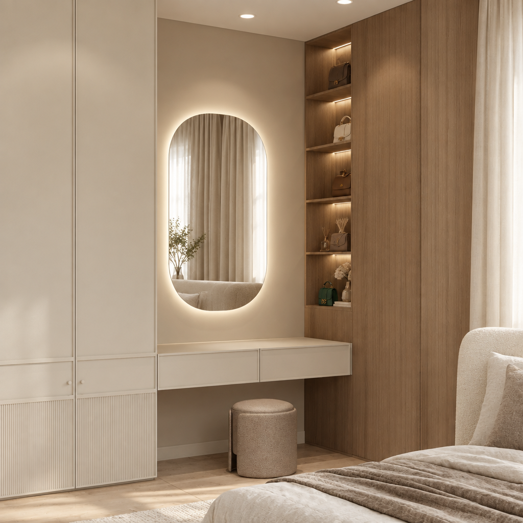 Calla Vanity Unit in a matching modern bedroom, angled view