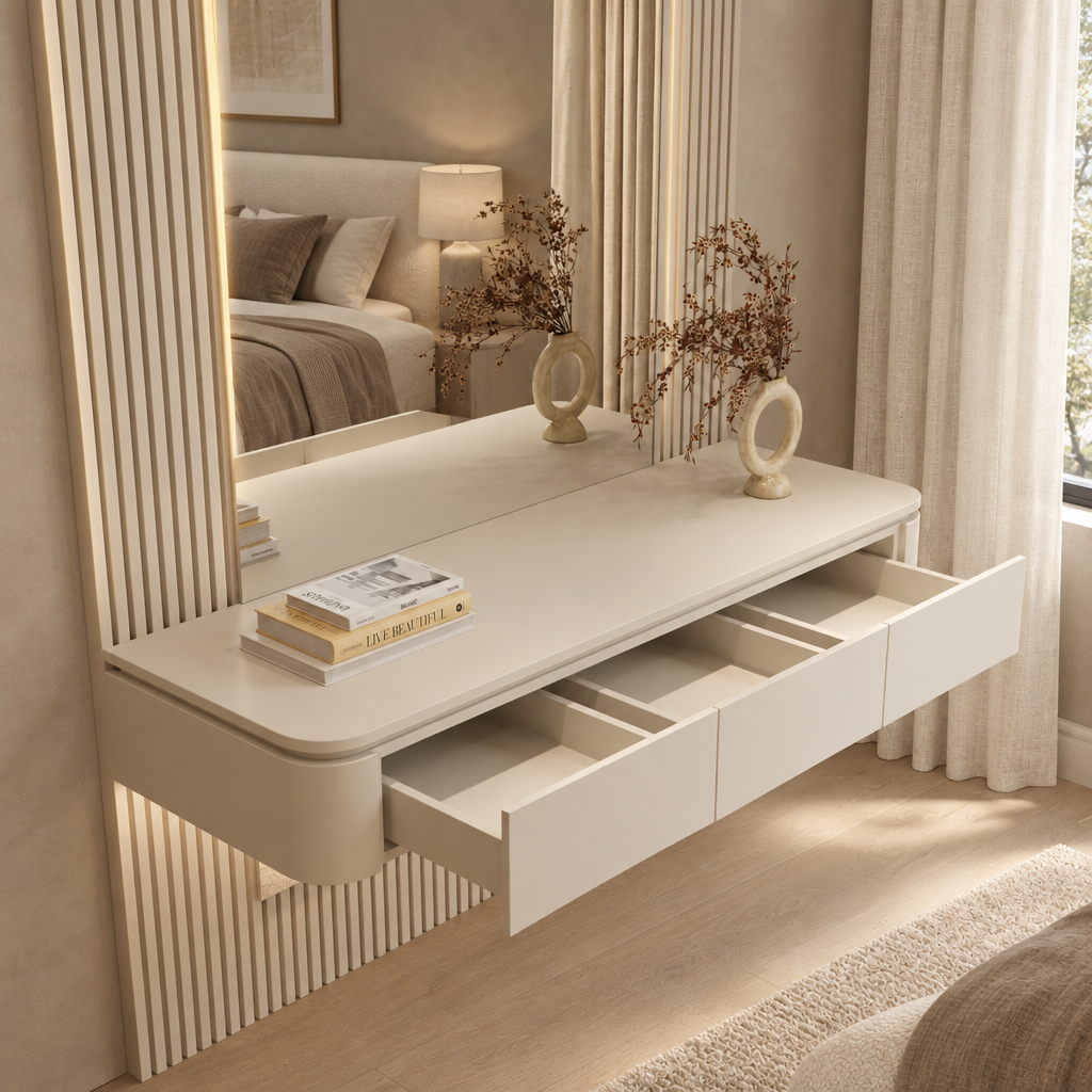 Clara Vanity Unit in a modern bedroom with three drawers open, storage detail