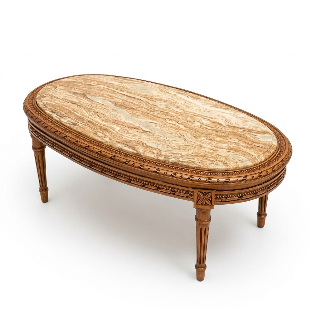 Avelcourt oval marble coffee table, elevated view showing beige and brown veining