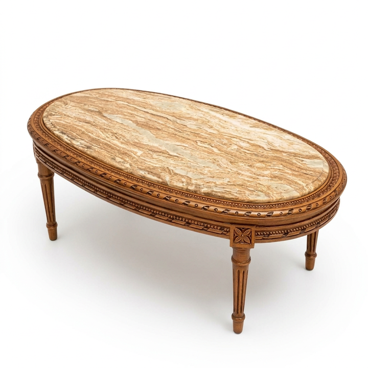 Avelcourt oval marble coffee table, elevated view showing beige and brown veining
