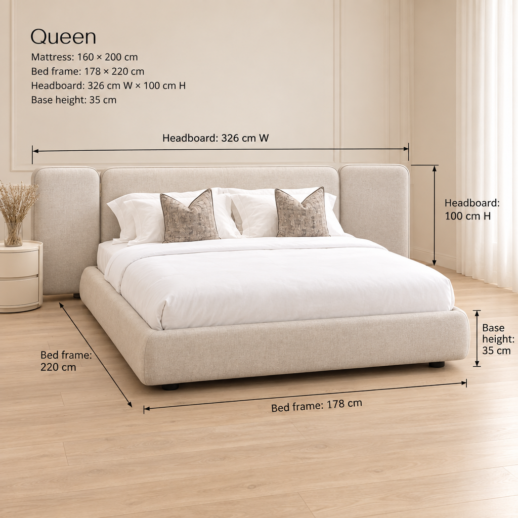 Marlow Queen dimensions: mattress 160 x 200 cm, bed frame 178 x 220 cm, headboard 326 cm wide x 100 cm high, base 35 cm high