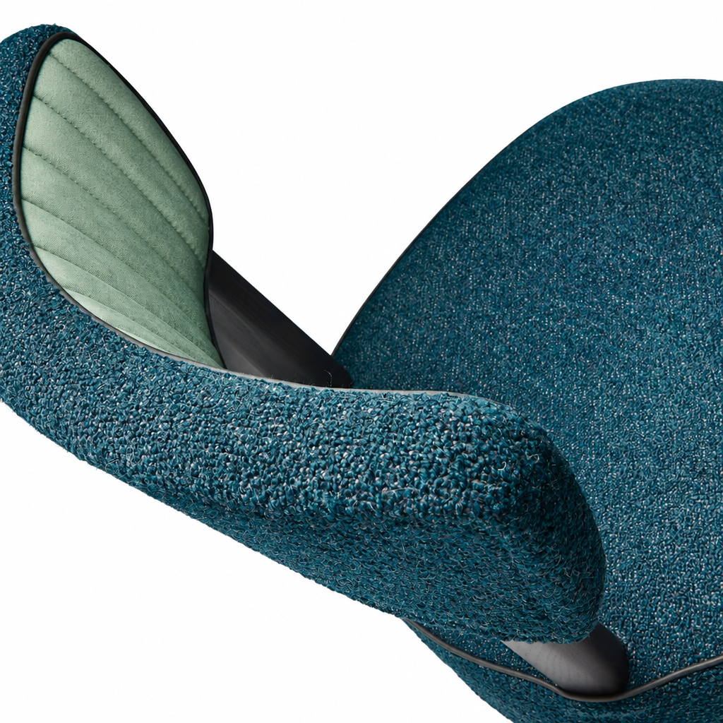 Mira blue upholstery and channel-stitched back detail on white background