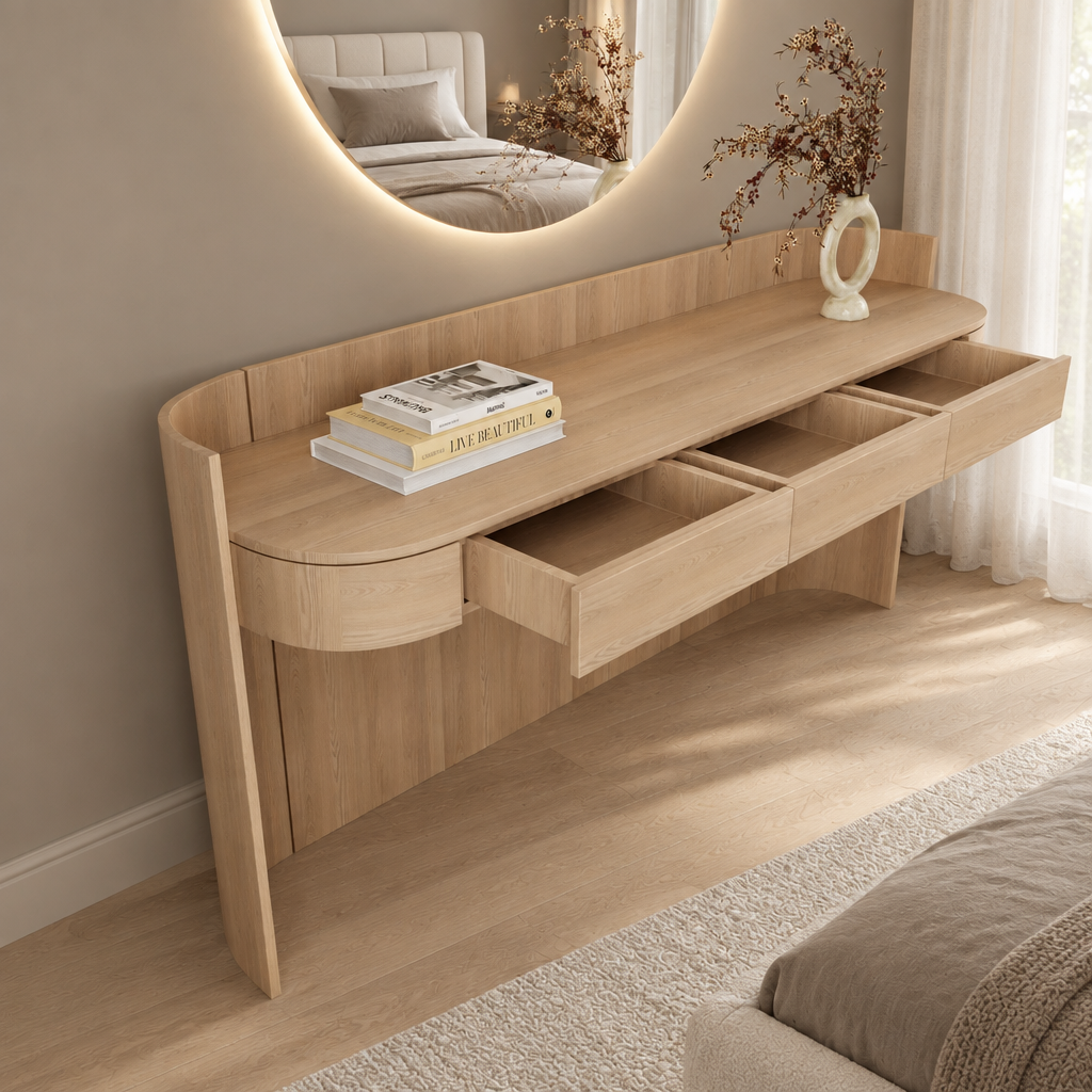Calder vanity with three open drawers, angled bedroom view; mirror not included