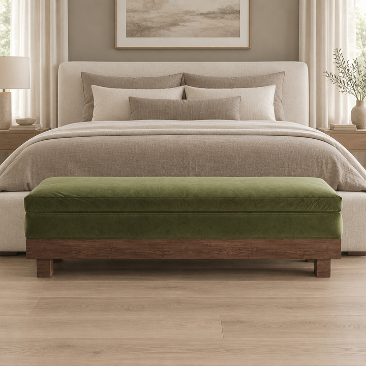 Tobhias olive upholstered bench with dark wood base, front bedroom view