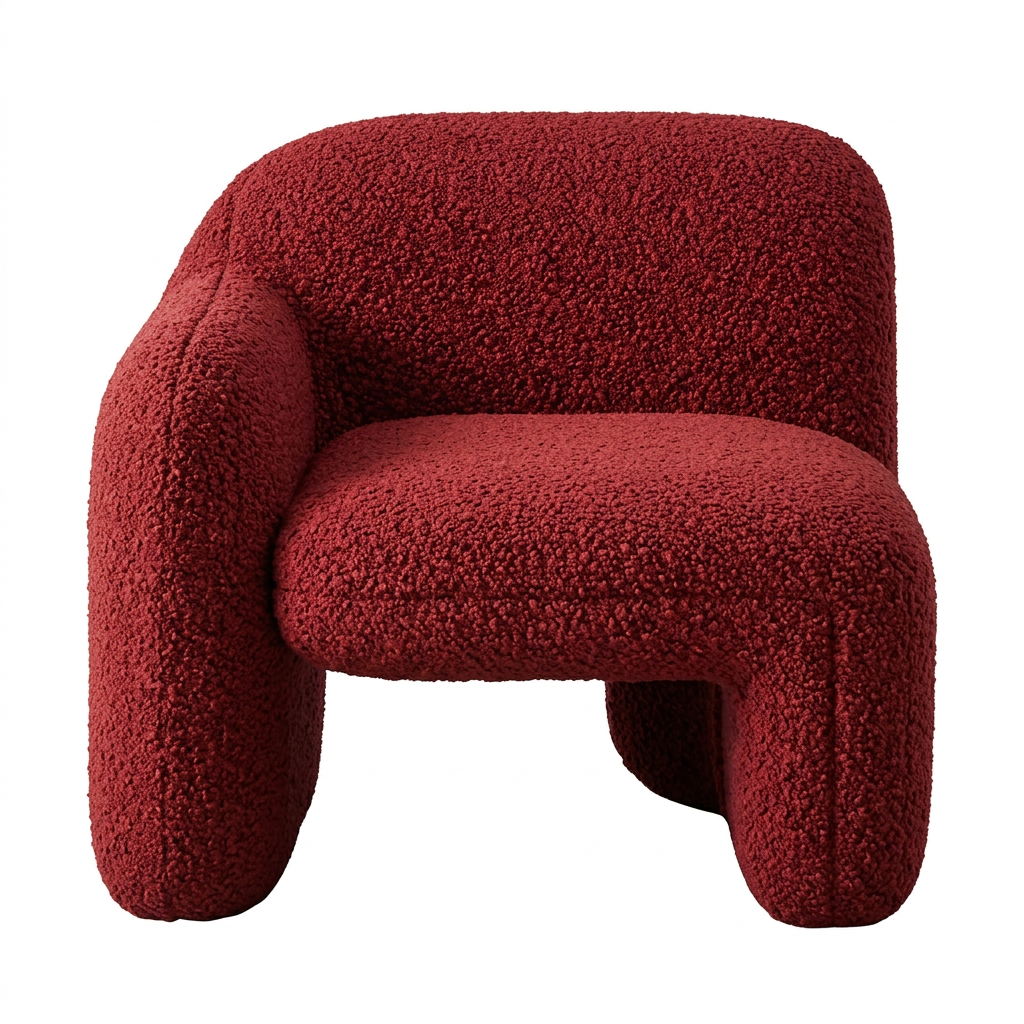 Tovelle single-arm chair in deep red looped bouclé upholstery on white