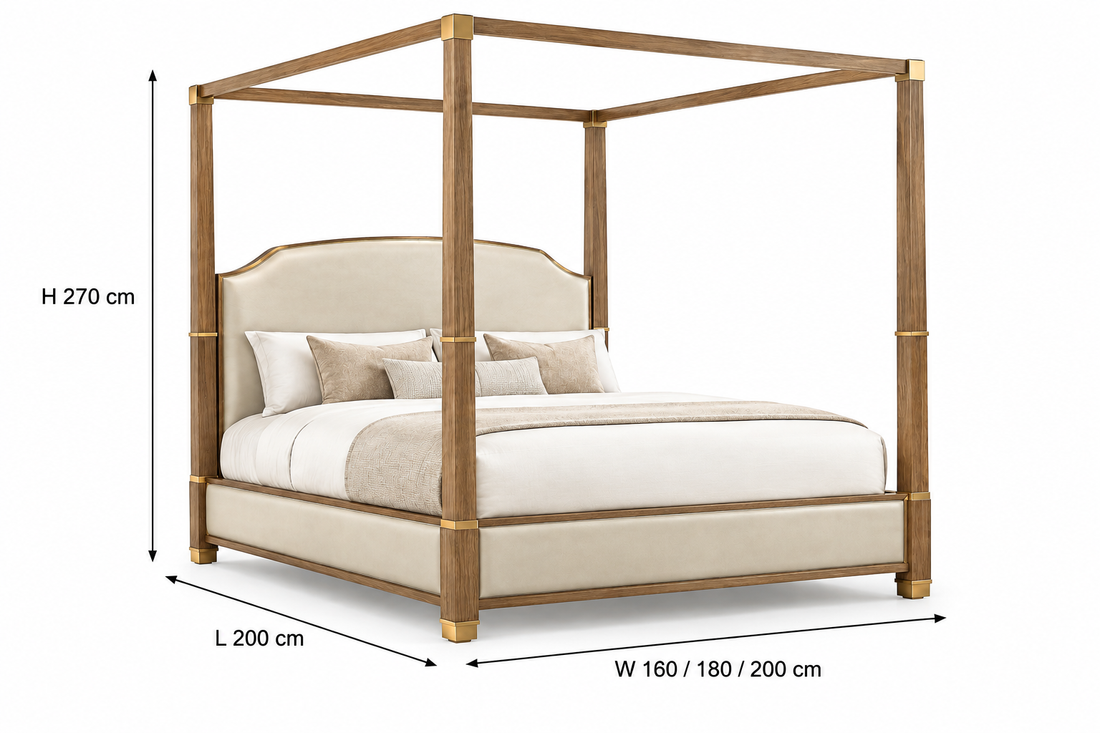 Dimension guide for the canopy bed: height 270 cm, depth 200 cm, and width options 160, 180, and 200 cm