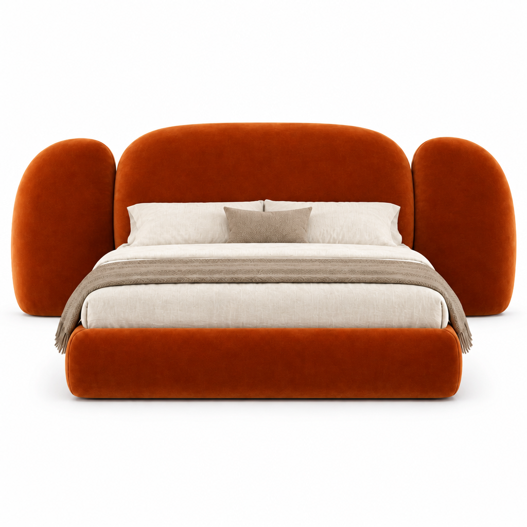 Orin bed front view with matching ivory bedding and taupe throw; mattress not included