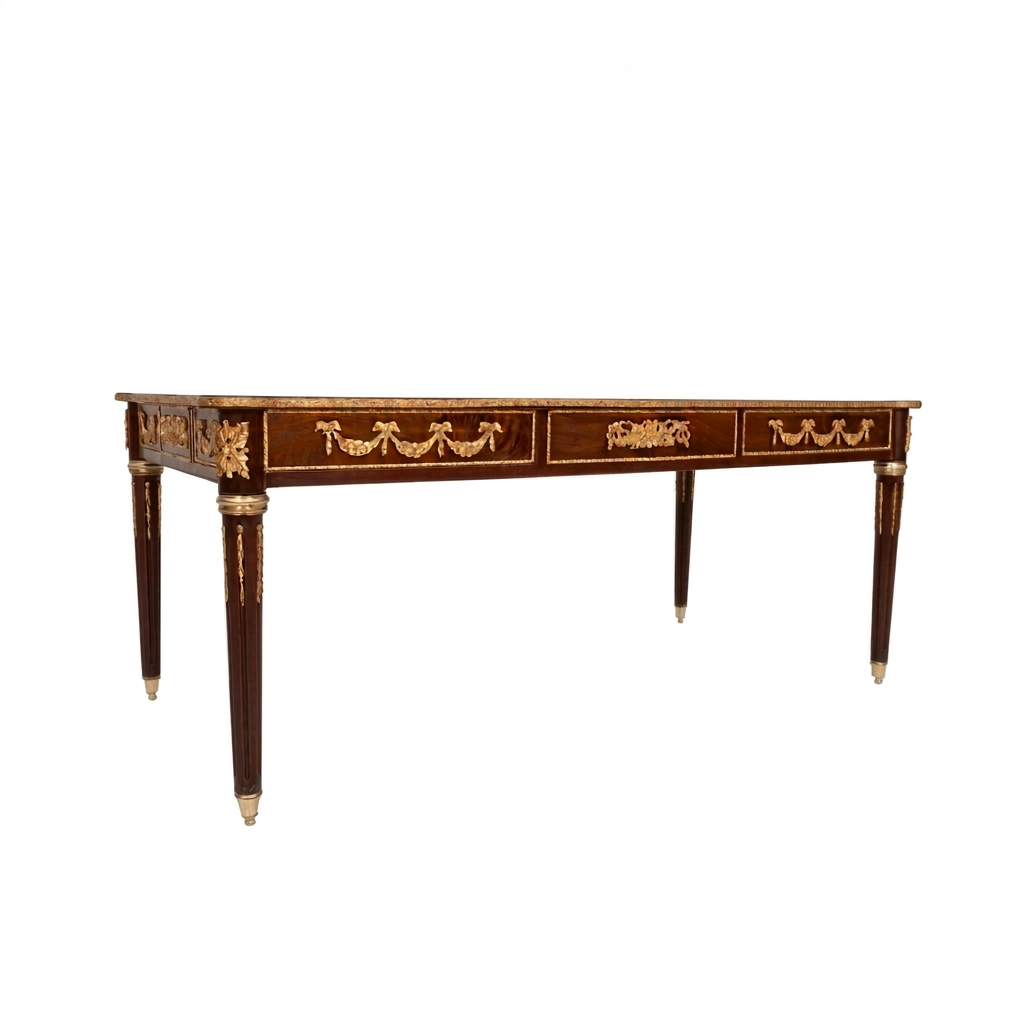 Montreval writing desk, corner view showing gilt garlands and tapered legs