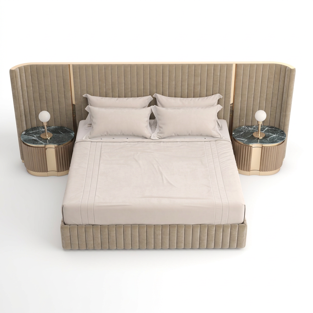 Neris beige fabric bed with light-brown bedside commodes