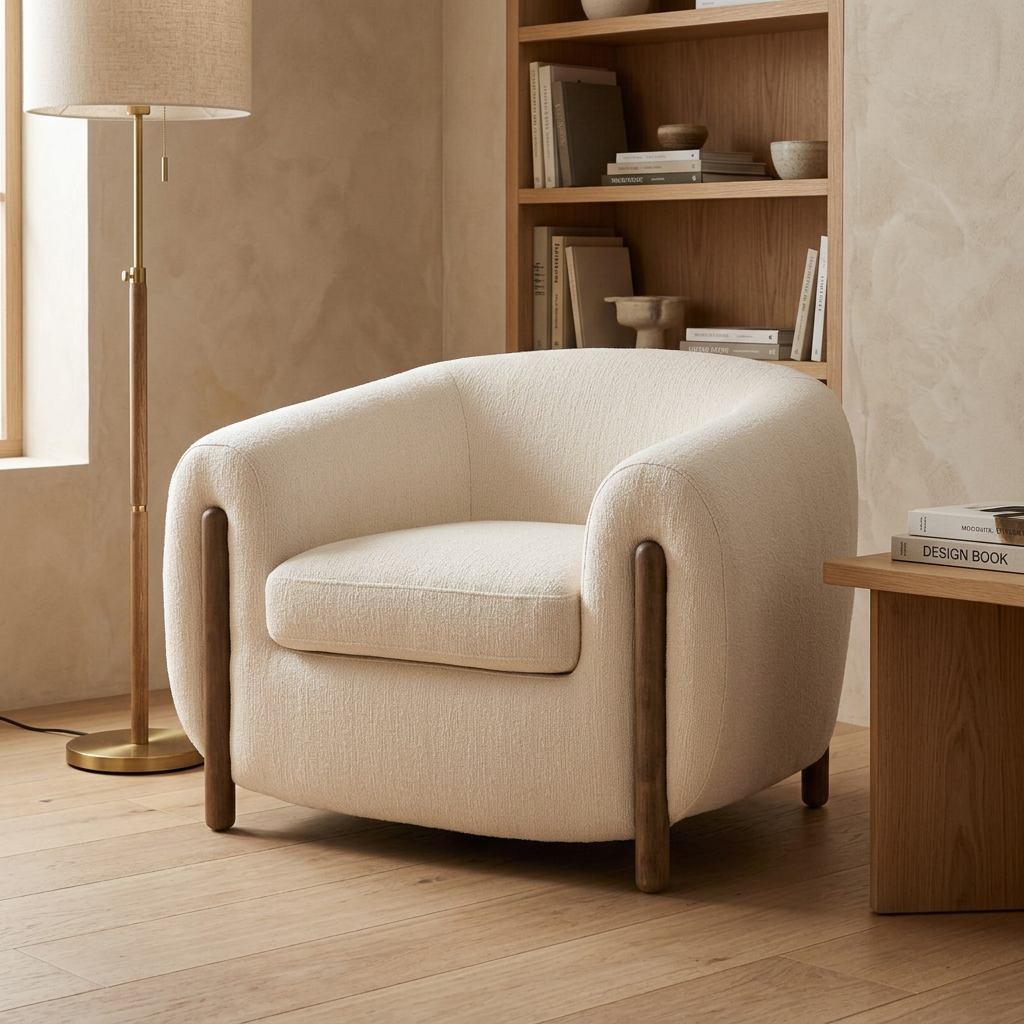 Norvelle ivory barrel armchair styled in a warm reading room