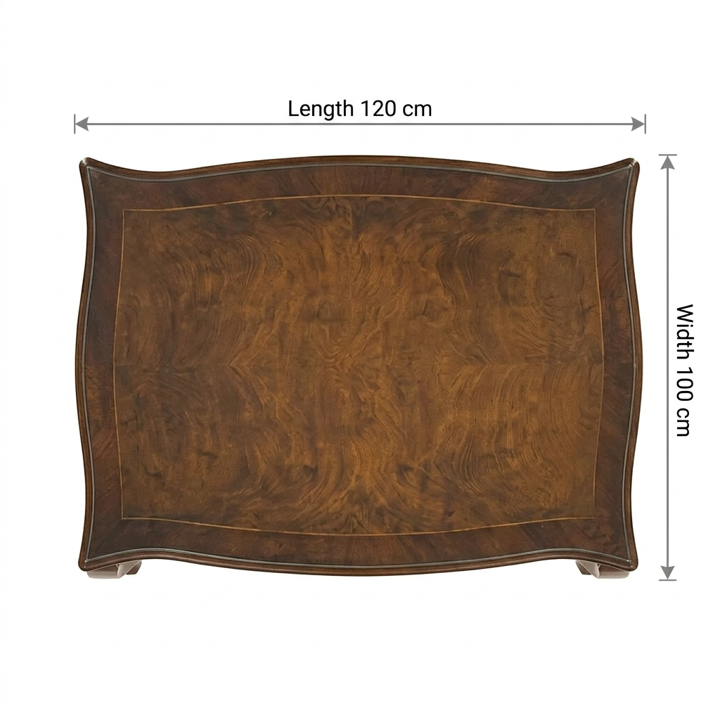Montelle coffee table overhead dimensions with arrows: length 120 cm, width 100 cm