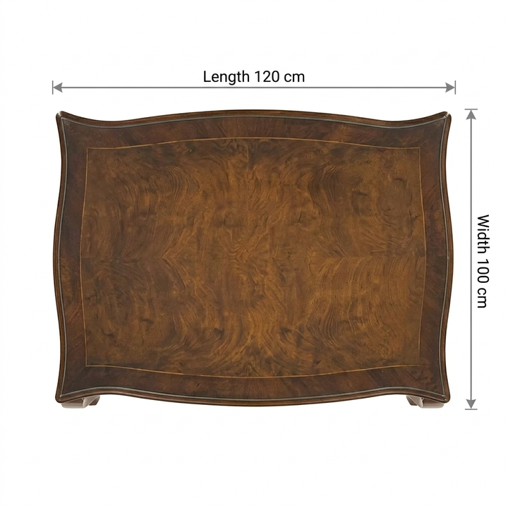 Montelle coffee table overhead dimensions with arrows: length 120 cm, width 100 cm