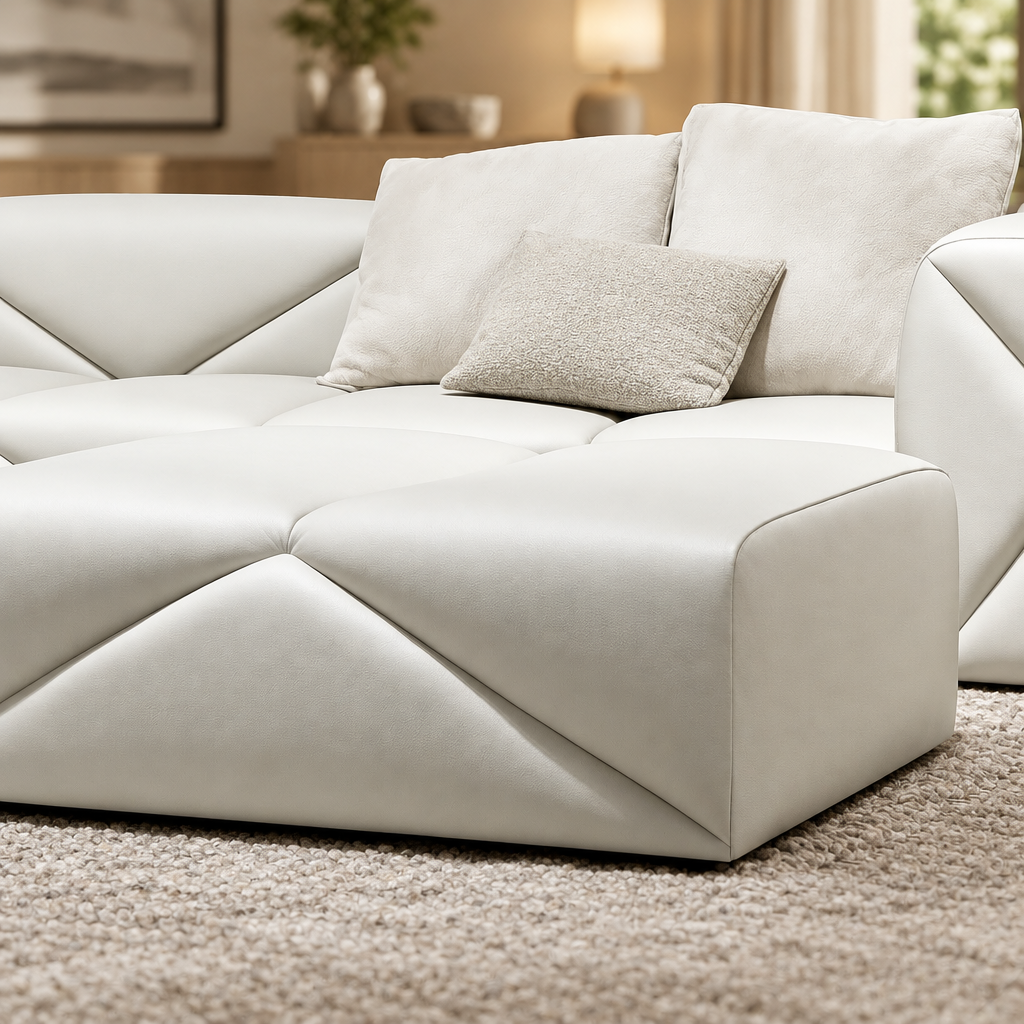 Varen white leather and diagonal seam detail