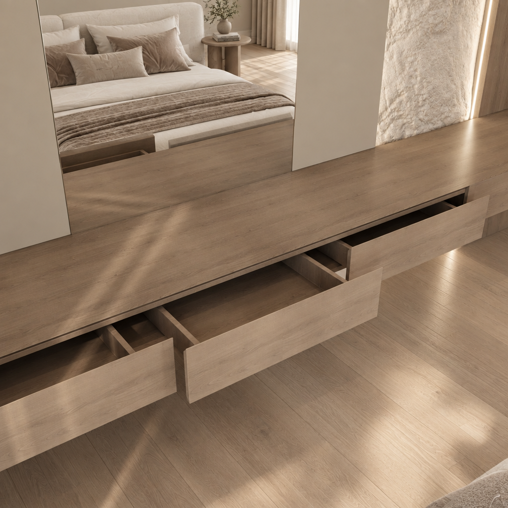 Marbella Vanity Wall in a modern bedroom, open-drawer storage detail