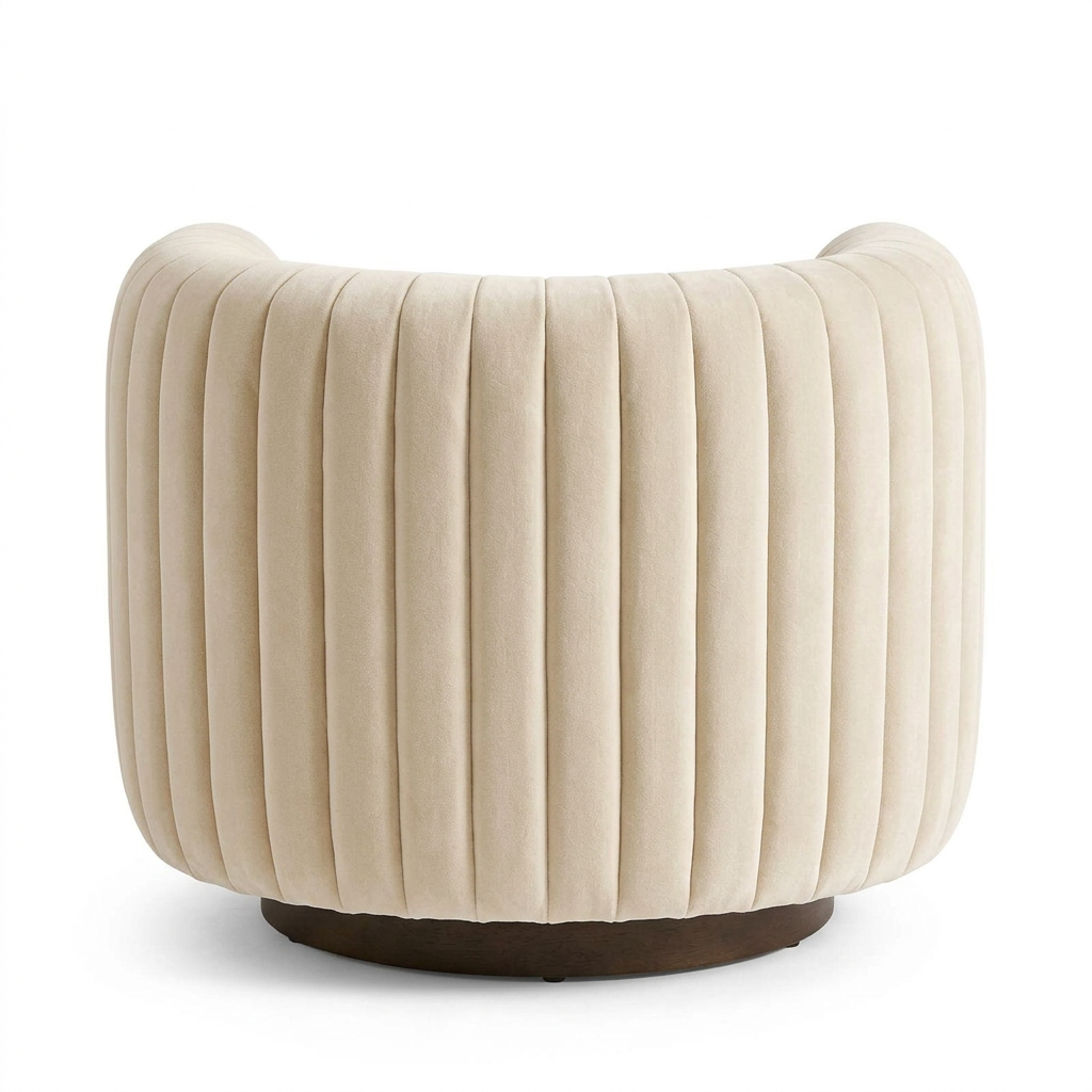 AI-reconstructed rear view of Solenne ivory channelled barrel armchair on white