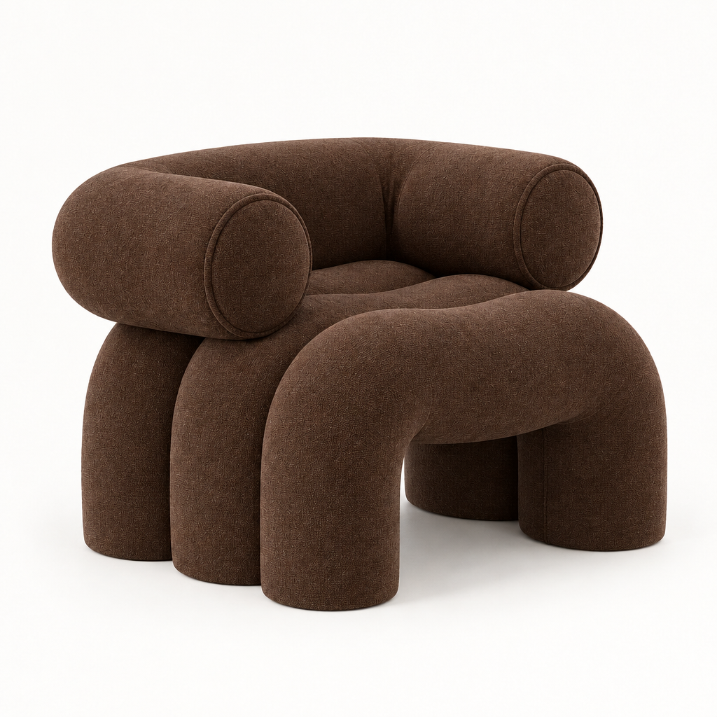 Cira sculptural armchair shown in chocolate-brown woven fabric