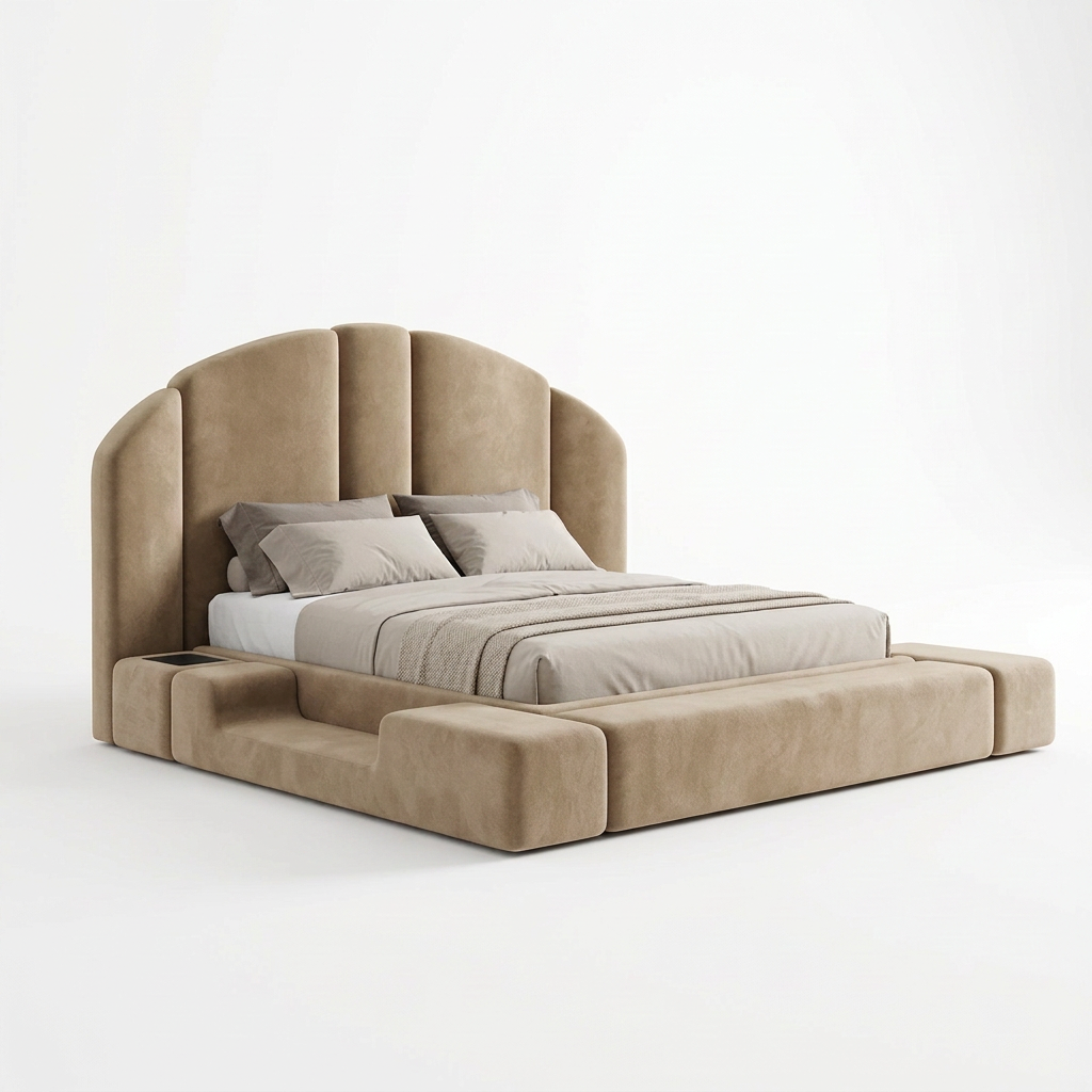 Vela arched upholstered bed in beige fabric