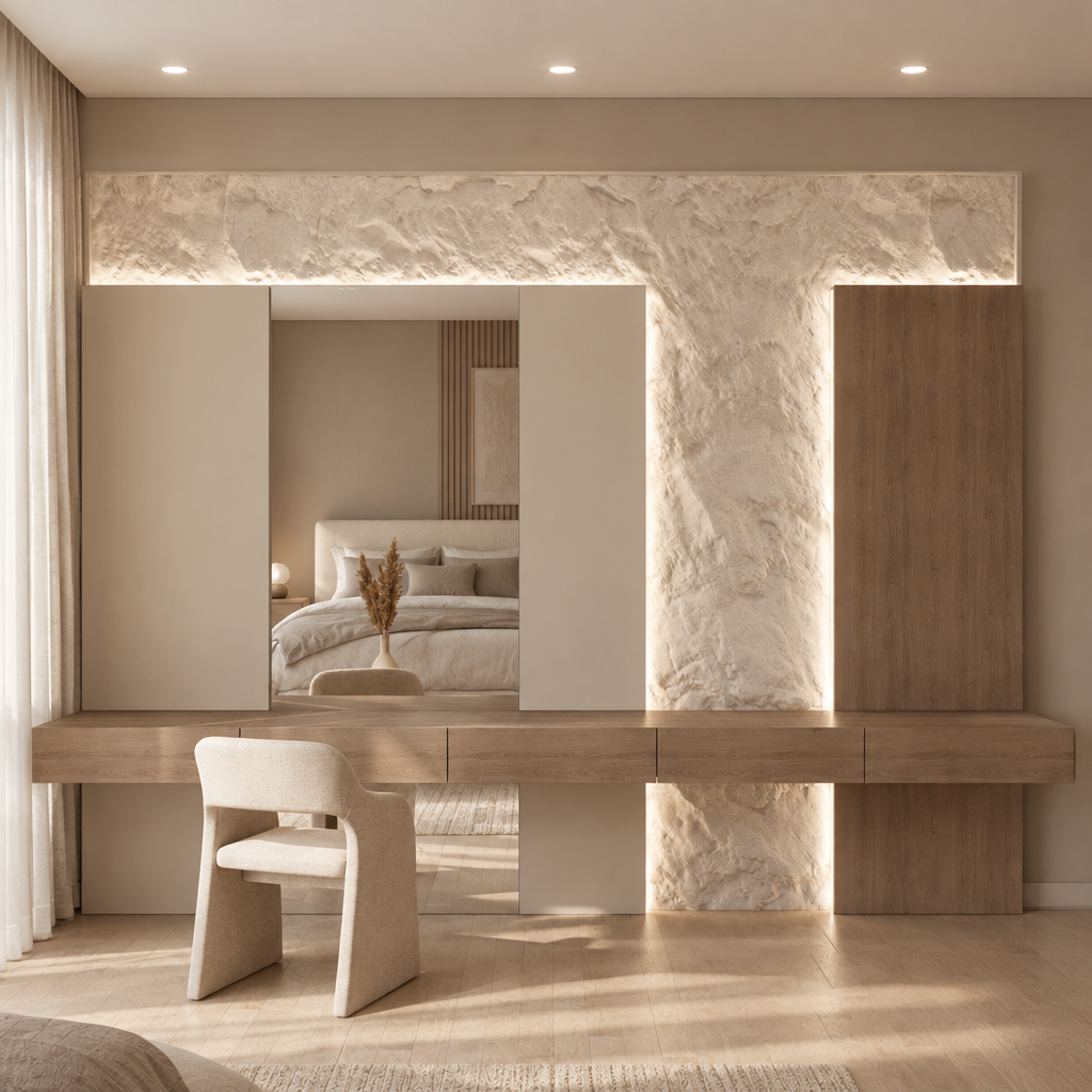 Marbella Vanity Wall with mirror and floating drawer storage in a modern bedroom, front view