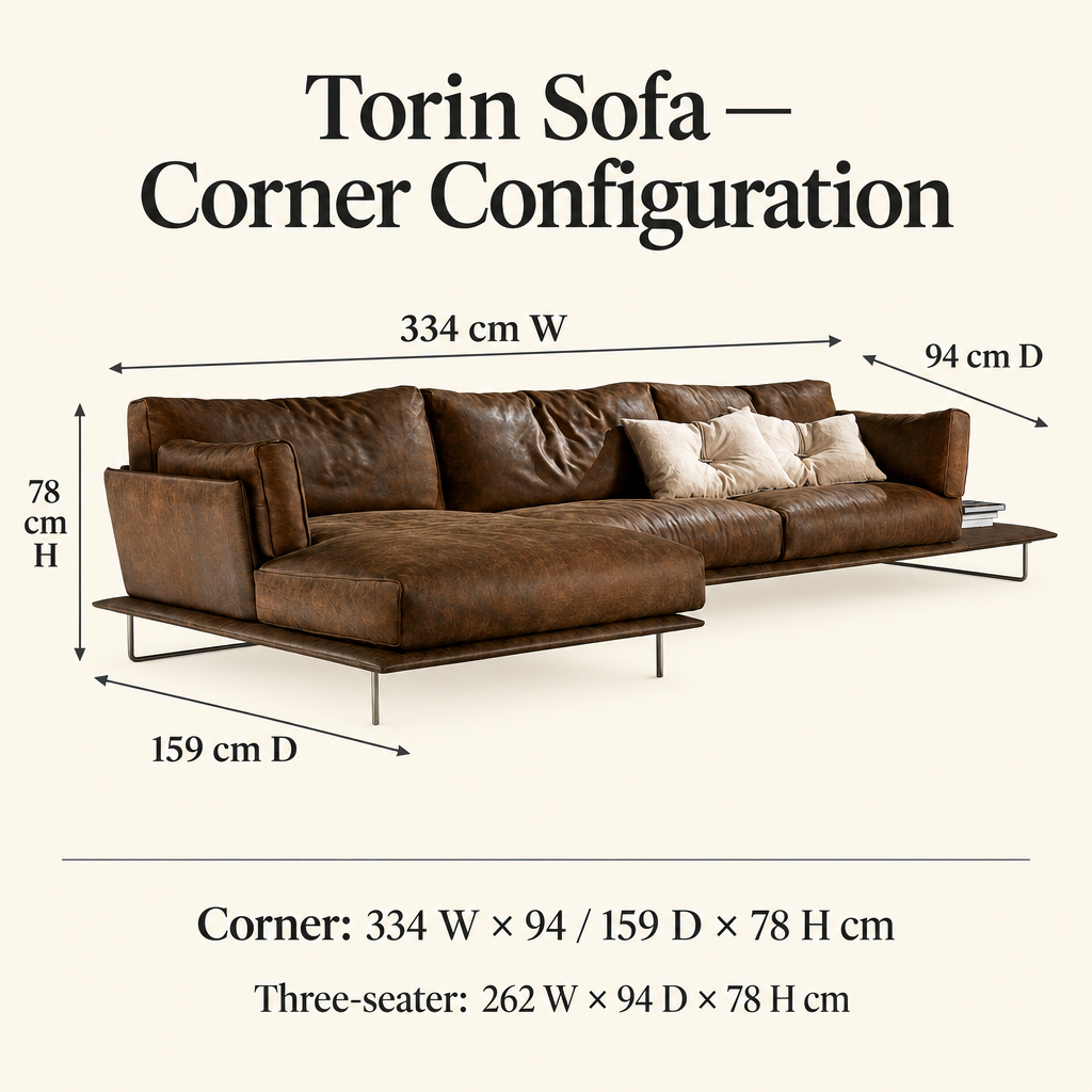 Torin corner and three-seater sofa dimension guide