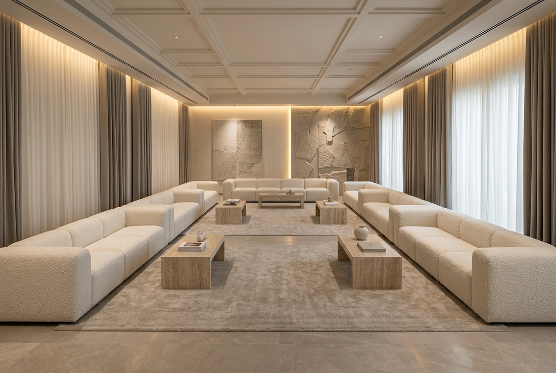Connected modern majlis sofas in off-white bouclé with coffee tables and curtains