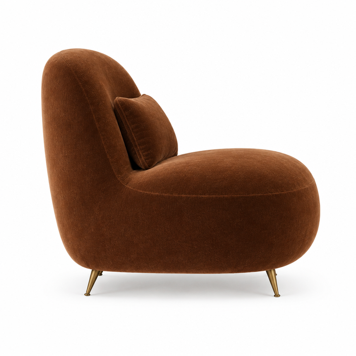 Aveline Velvet Slipper Chair side view in cognac on white