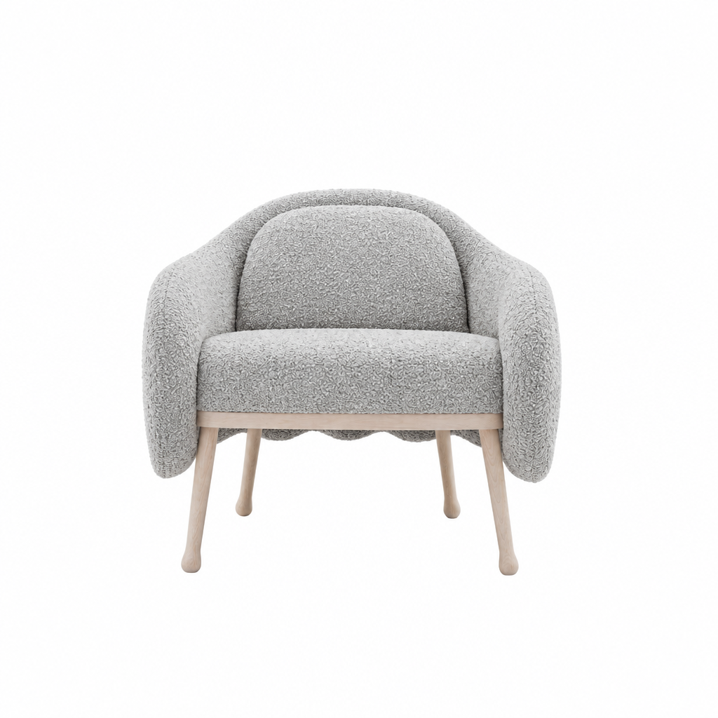 Nola lounge armchair in light gray bouclé, illustrative upholstery concept