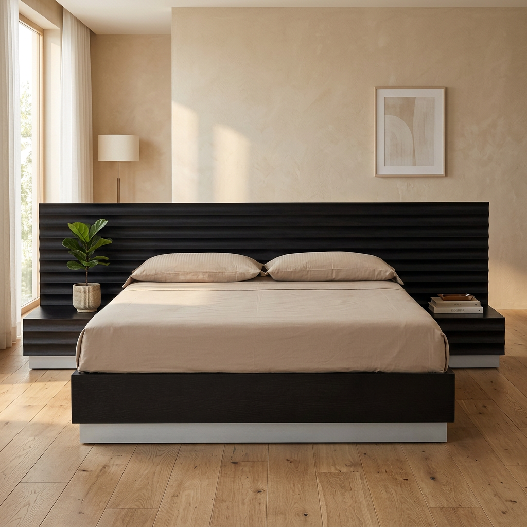 Riven natural wood bed with nightstands in a contemporary bedroom