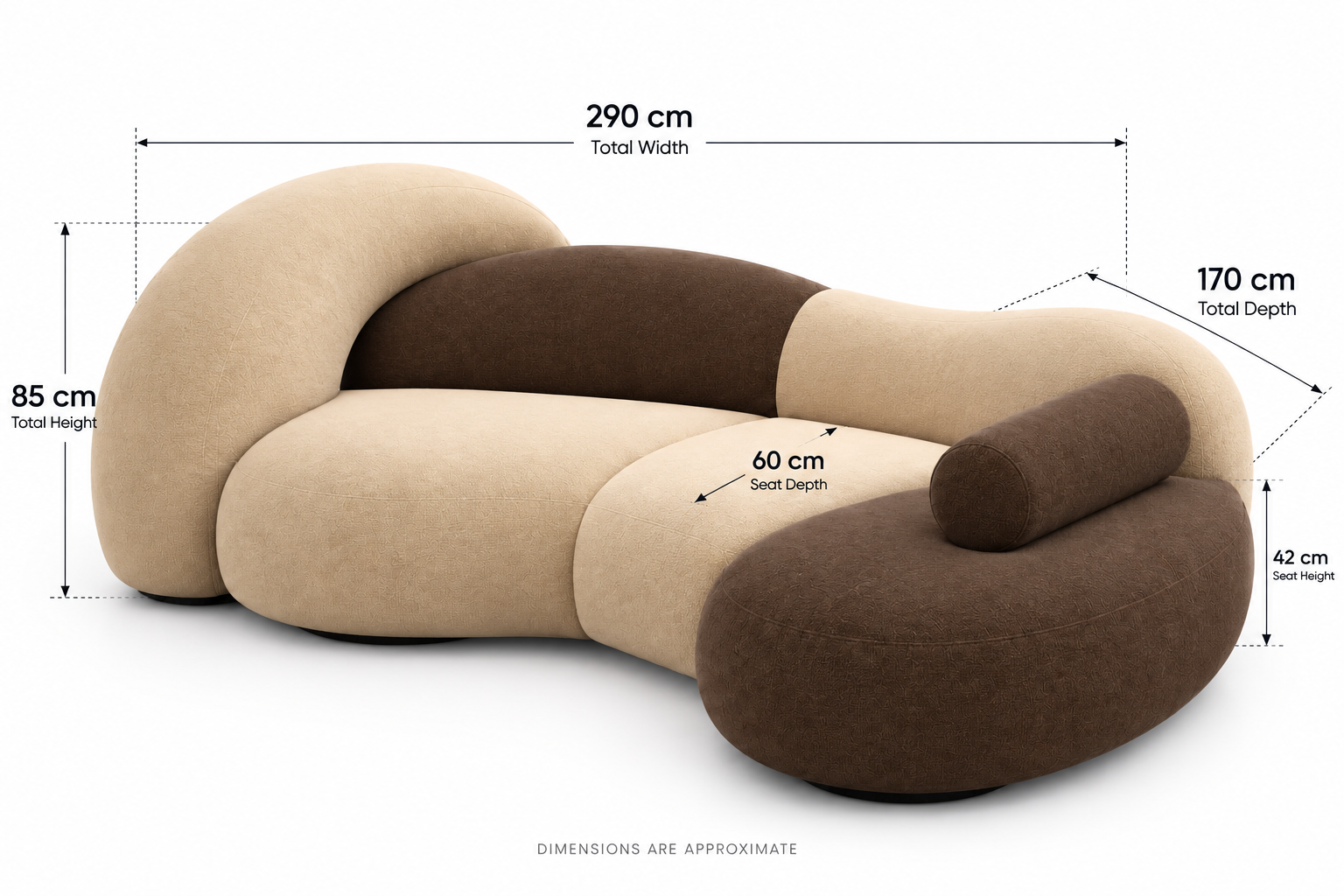 Duo Sofa beige and brown size diagram: width 290 cm, depth 170 cm, height 85 cm, seat depth 60 cm, seat height 42 cm