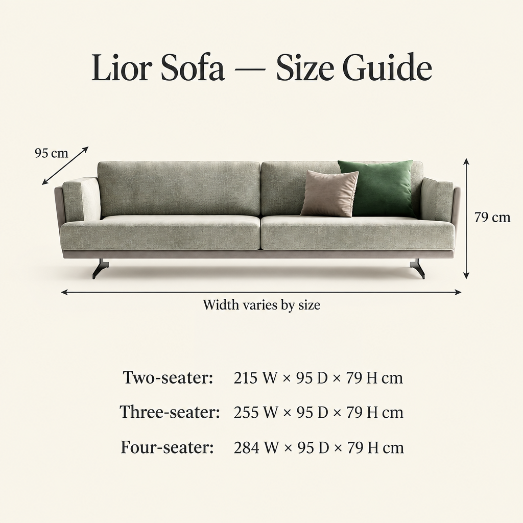 Lior sofa dimension guide for two-, three- and four-seater sizes