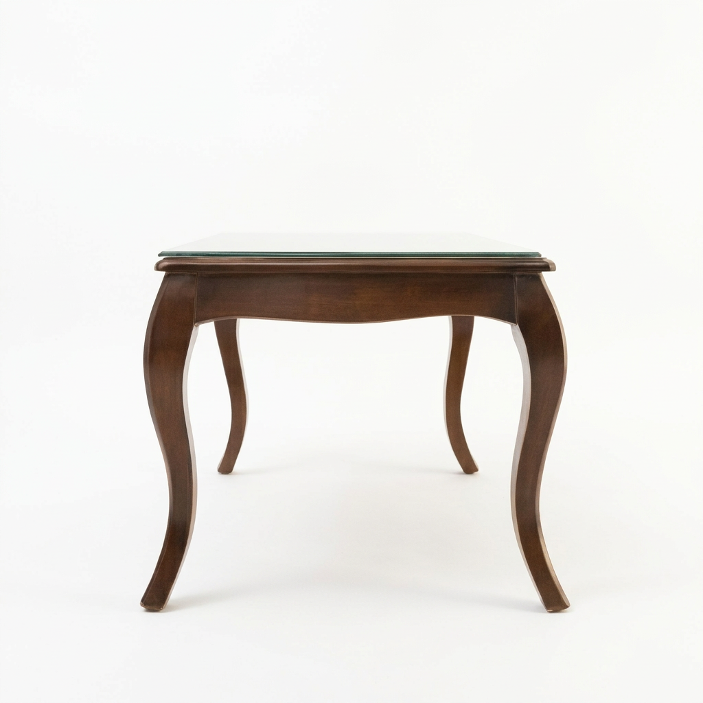 Montelle walnut glass-top coffee table, short-end elevation on white background