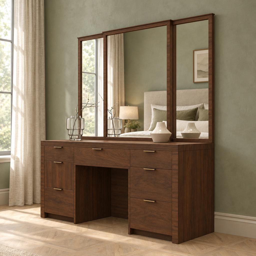 Walnut-brown Madison Vanity Dresser in the matching sage-green bedroom, angled view