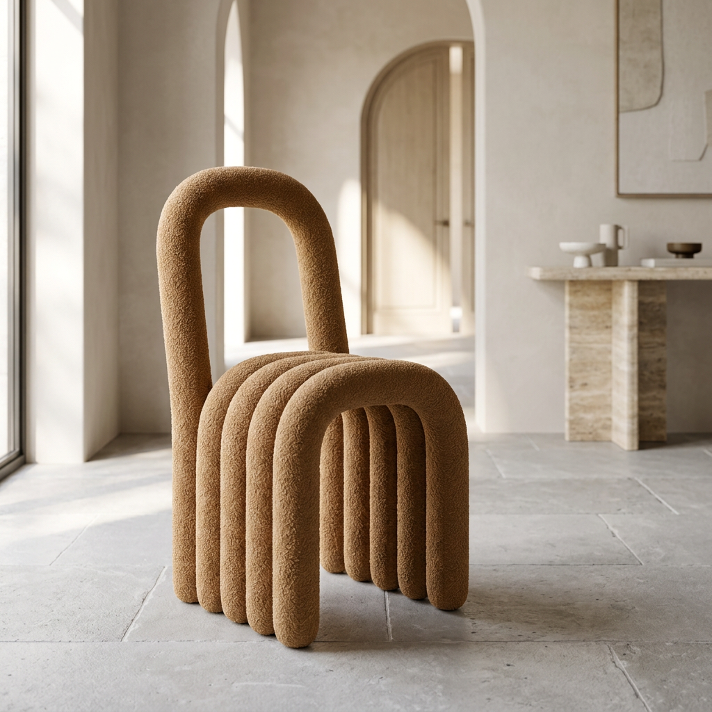 Orvelle caramel boucle sculptural chair in a neutral foyer